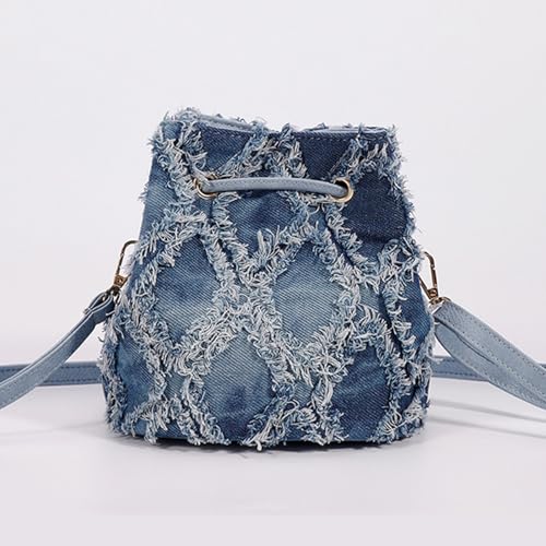 Distressed Denim Purse for Women Drawstring Bucket Crossbody Bag Casual Hobo Jean Purses (Blue-A)4
