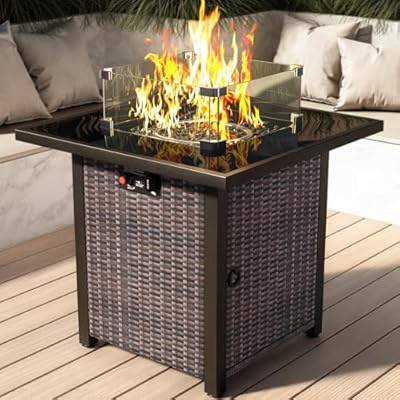 Propane Outdoor Fire Pit Table, 28" Rattan Square Fire Pit Table, Outdoor Gas FirePit W/Glass Wind Guard, Tempered Glass Tabletop, Lid, CSA Listed, 50,000 BTU, Outside Patio Deck & Garden, Brown