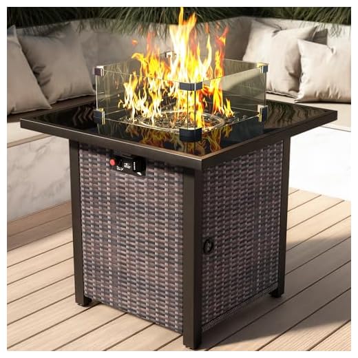Propane Outdoor Fire Pit Table, 28" Rattan Square Fire Pit Table, Outdoor Gas FirePit W/Glass Wind Guard, Tempered Glass Tabletop, Lid, CSA Listed, 50,000 BTU, Outside Patio Deck & Garden, Brown