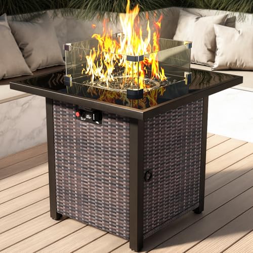 Propane Outdoor Fire Pit Table, 28' Rattan Square Fire...