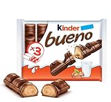 KINDER BUENO Milk Chocolate and Hazelnut Cream Candy Bars, 3 Packs, 2 Individually Wrapped Bars Per Pack (129g)