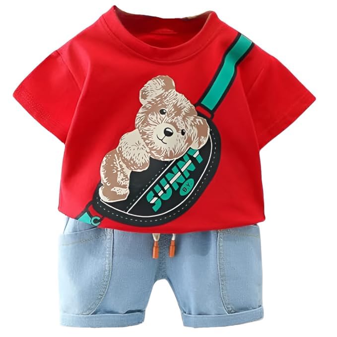 Image of Googo Gaaga Boy's Cotton Printed T-shirt with Denim Shorts Set in Red Color