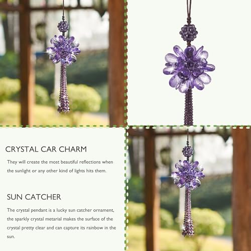Image of Crystal Flower Ball Car Pendant Lucky Car Mirror Hanging Ornament Crystal Suncatcher Hanging Charm Auto Interior Decoration, Purple