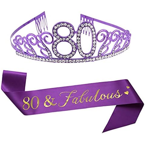 80th Brithday Purple Tiara and Sash, Glitter Satin Sash and Crystal Rhinestone Birthday Crown for Happy 80th Birthday Party Supplies Favors Celebration 80th Surprise Party Gifts Cake Topper Cover