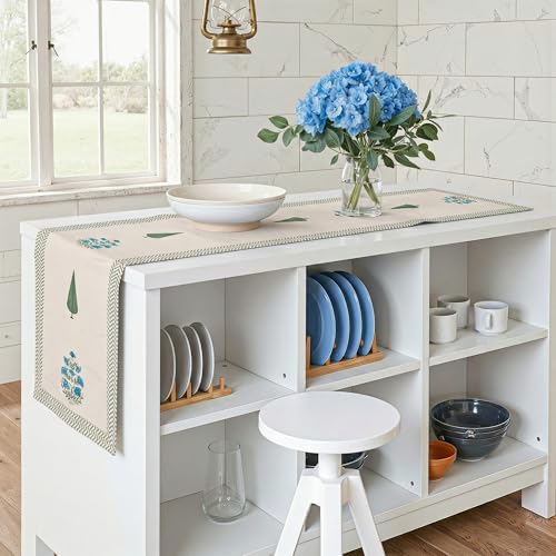 Image of Kuber Industries 13x72 Inch Dining Table Runner for Home Decor | 6 Seater Cotton Table Protecter Use for Kitchen & Buffet Cabinet | Tulips - White & Blue