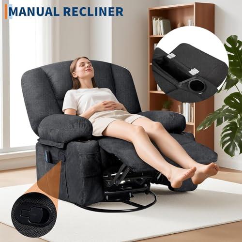 Image of Oversized Manual Swivel Recliner Chair for Adults, 360 Swivel Rocker Glider with Vibration Massage & Heat, Extra Wide Chenille Fabric Lazy Chair for Living Room Bedroom, Black Chenille