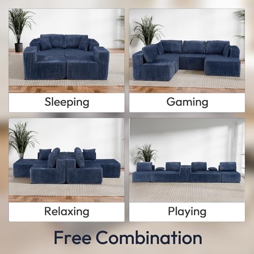 Image of 132 inch U Shaped Couch, Modular Sectional Sofa with Chaise, Corduroy U Shaped Boneless Couch with Deep Seat, Upholstered Modular Cloud Sofa for Living Room, No Assembly Required, Blue