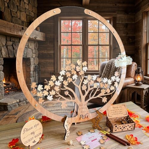 Image of Personalized Maple Tree Wedding Guest Book Alternative, Fall Leaf Drop Box | Fall autumn maple leaf tree drop box guest book, alternative wedding reception sign in keepsake for bride groom