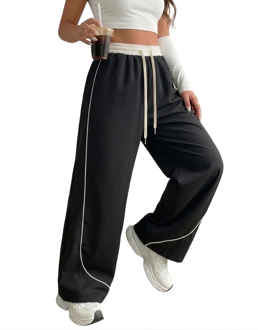 Womens Wide Leg Track Pants, Black, Polyester, High Rise with Drawstring, Casual Athleisure Streetwear, Solid with Contrast Piping-picture-43