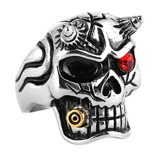 HZMAN Men's Red Cz Iced Gothic Skull Stainless Steel Ring Biker Band (9)