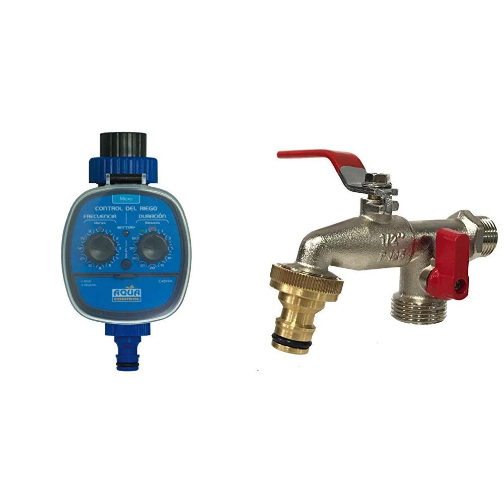 Aqua Control - Programador de Riego C4099N + Grifo de Jardín G6354 con Doble Salida 1/2'' - 3/4''