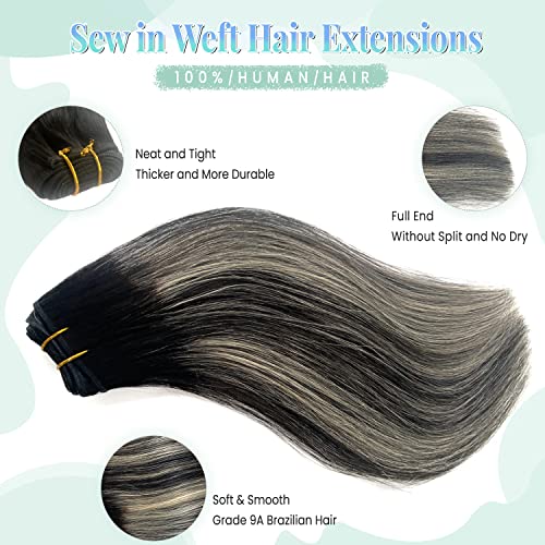 Image of Sew in Weft Hair Extensions Human Hair, Ombre Black to Blonde Highlights Hair Extensions Real Human Hair Bundles 12 Inch 80G Hand Tied Weft Hair Extension Human Hair Sew in Weave Wefts Extensions
