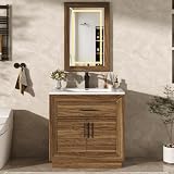 St.Mandyu 30" Bathroom Vanity w/Sink Top & LED Mirror & Faucet, Bathroom Vanity Storage Cabinet with 3-Color Lighting, Tip-Out Drawer, Rustic Wood Frame Bath Storage Vanity with Ceramic Sink