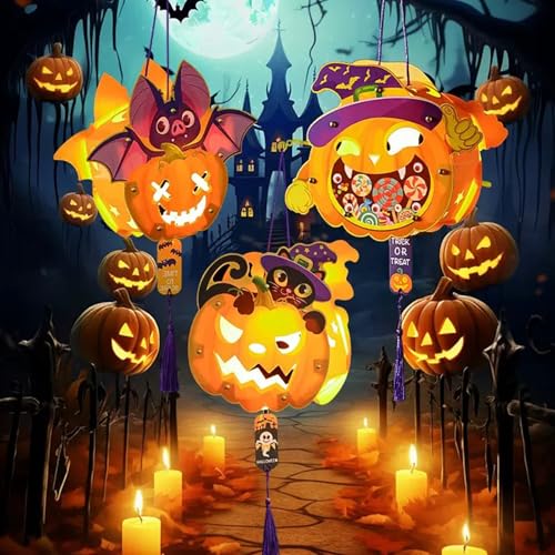 owlfun Halloween Laternen Bastelset für Kinder ，3 Stück LED Laterne Kinder DIY Halloween Deko Innen Laternenset Party Deko Geschenke Für Junge Mädchen