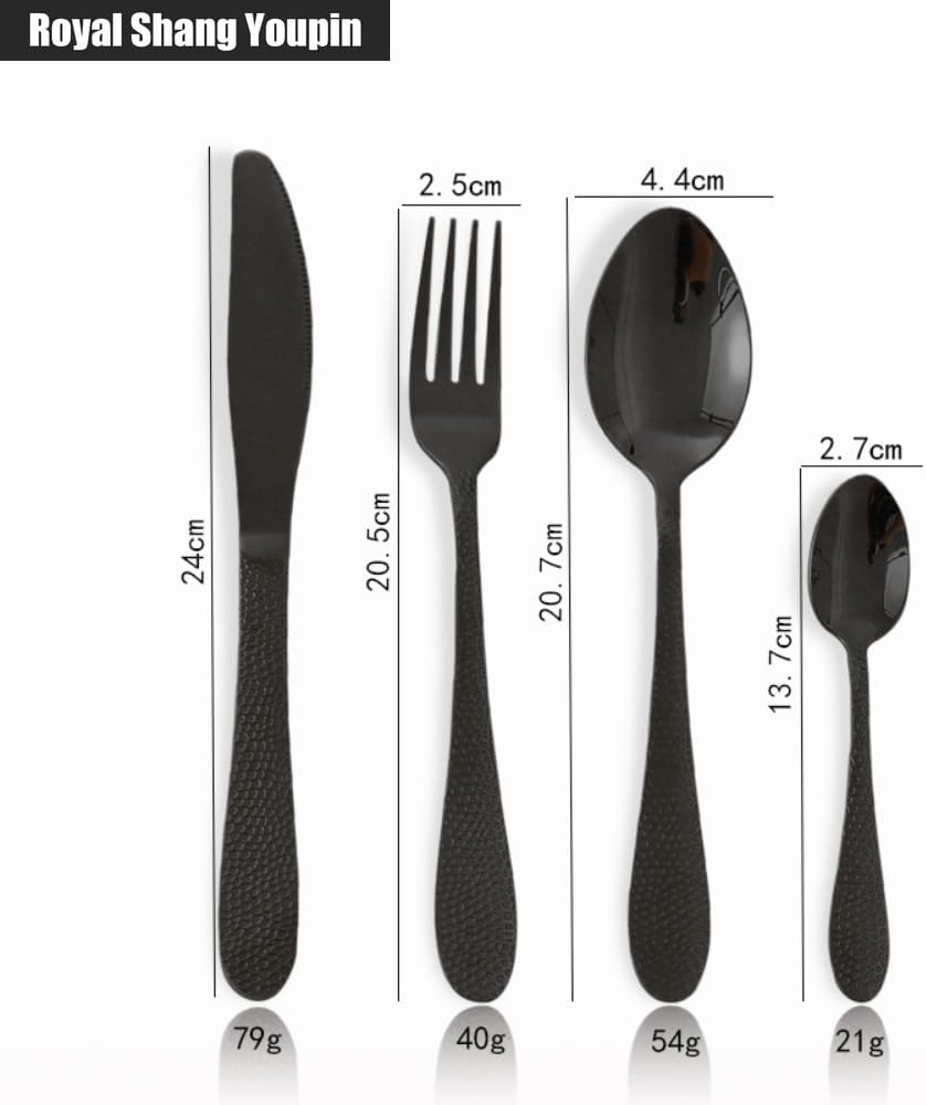 Hammer Strike Snakeskin Pattern Handle Kitchen Stainless Steel Silverware Tableware Flatware Cutlery Set Steak Knife Fork Spoon Teaspoon (Black,20 pieces)