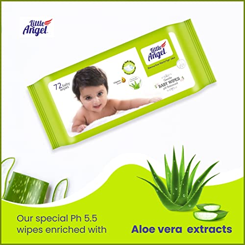 Image of Little Angel Super Soft Cleansing Baby Wipes, 648 Count, Enriched with Aloe vera & Vitamin E, pH Balanced, Dermatologically Tested & Alcohol-free, Pack of 18, 72 count /pack