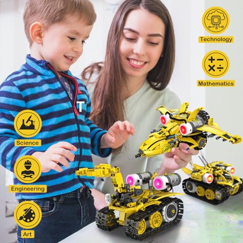 Image of 5-in-1 STEM RC Robot Building Blocks Kit, Educational Toys Age 6-12 | Remote & app controlled rechargeable motorized, 673pcs, LED light & sound, programming coding - birthday gift 7-10 yr