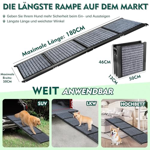 Längste 180cm & Breiteste 50cm Hunderampe,Faltbare Hunderampe Auto mit Rutschfester Teppich, Klappbar für Outdoor Stufen,Hundetreppe Auto für Mittlere & Große Hunde in EIN SUV & LKW