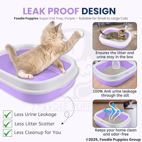 Image of Foodie Puppies Cat Litter Box Tray with Rim and Scooper - (Purple) (Large, 46 x 38 x 13 cm) | Semi-Closed Design and Durable Quality | Pet Litter Sand Tray Suitable for All Adult Cats & Kittens