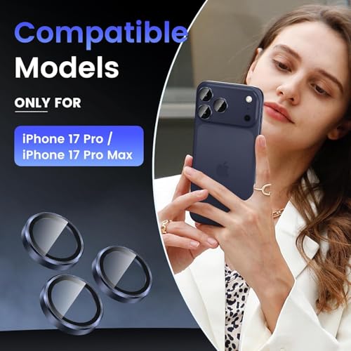 Image of CLITZ Camera Lens Protector for iPhone 17 Pro Max /iPhone 17 Pro, 9H Tempered Glass Camera Lens Cover, Aluminum Alloy Metal Ring Protector, Scratch Resistant, HD Clear, Case Friendly, Blue
