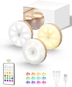 EZVALO Under Cabinet Lighting, 1000mAh Rechargeable Puck Lights with Remote, 3 Color Temps & 12 RGB Motion Sensor Closet Lights, Dimmable Under Cabinet Lights for Kitchen, Cabinets, Closet (3 Packs)