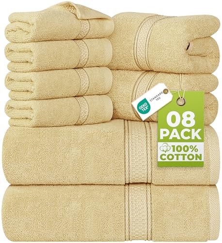 Image of Utopia Towels 8-Piece Premium Towel Set, 2 Bath Towels, 2 Hand Towels, and 4 Wash Cloths, 600 GSM 100% Ring Spun Cotton Highly Absorbent Towels for Bathroom, Gym, Hotel, and Spa (Beige)