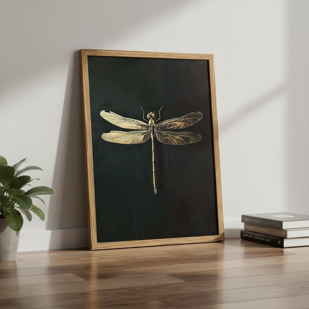 Gold Dragonfly Wall Decor, Elegant Nature Canvas Art, Modern Farmhouse Dragonfly Artwork, Minimalist Wall Hanging for Living Room Bedroom Bathroom 16x12 inch eco-friendly solid wood picture frame