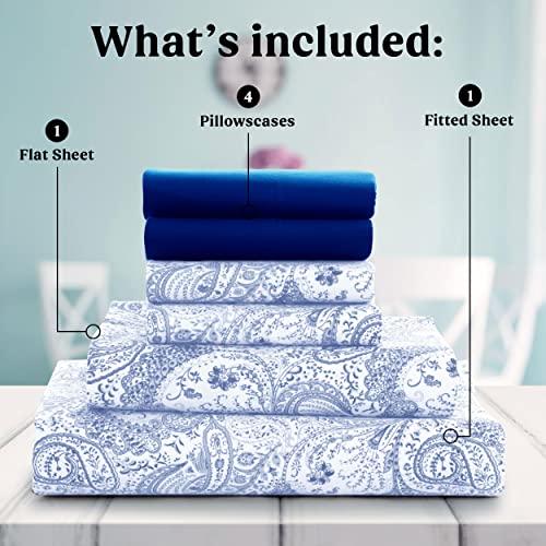 Lux Decor Collection Bed Sheets - 6 Pc Full Size Bed Sheets - 1800 Thread Count Brushed Microfiber Sheets - 16 Inches Deep Pocket Bedding Sheets & Pillowcases (Full, Paisley White/Blue) #TOP1