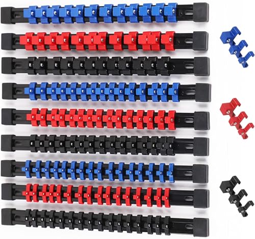 SWANLAKE 9-Piece Socket Organiser Set 1/4-Inch 3/8-Inch 1/2-Inch Socket Holder Total 129 Clips Sockets Rail for Tool Box Drawer Premium Quality Sockets Clip Tray Holder
