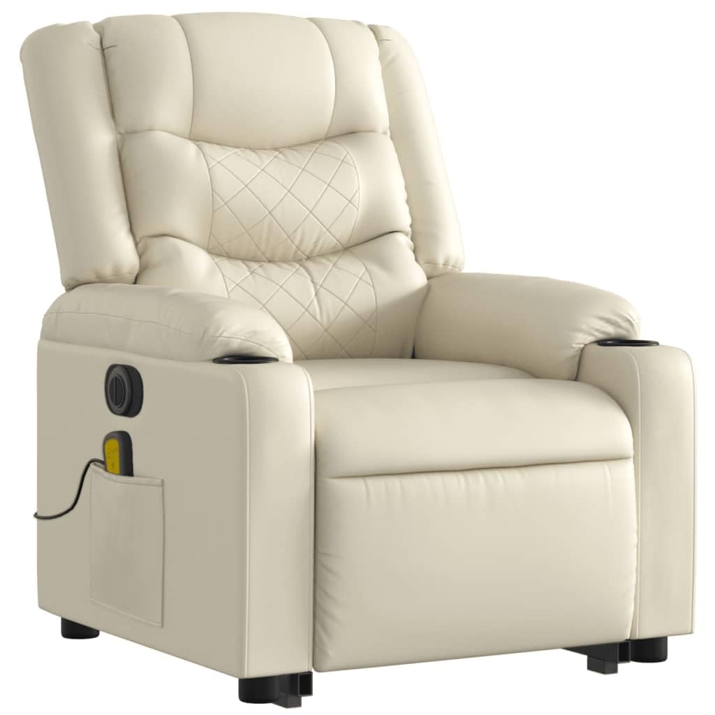 Sillón de masaje eléctrico con ayuda para levantarse de piel sintética, color crema con 6 puntos de vibración, función reclinable eléctrica, reposabrazos, respaldo, ideal para salón y rincón