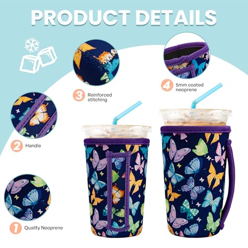 Image of KJQJLY 3 Pack Reusable Iced Coffee Sleeves for Iced Coffee Cups or Drinks Reusable Neoprene Insulated Sleeves for Hot and Cold Drinks from Starbucks, Dunkin, And More (Dark butterfly)