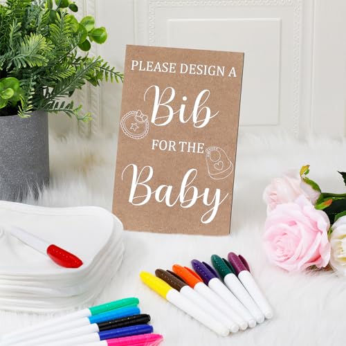 Panitay 43 Pcs Baby Shower Games White Bibs Design, Include Wooden Baby Shower Game Sign, 30 DIY Blank White Bibs, 12 Markers for Gender Reveal Party Decorating Supplies(Classic Style) by Panitay - Used condition - Image 3