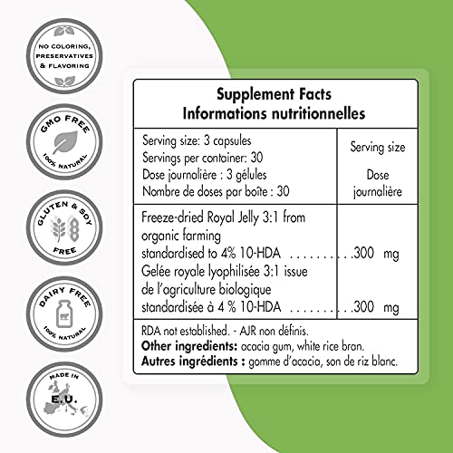 Supersmart - Organic Royal Jelly 4 % 10-Hda 100 Mg - Support Immune System - Helps To Restore Energy, Drive & Vitality In Periods Of Fatigue | Non-Gmo & Gluten Free - 90 Vegetarian Capsules #TOP2