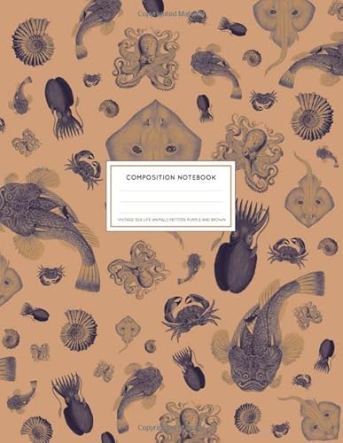 Vintage Sea Life Animals Pattern Purple And Brown: Ocean Composition Notebook College Ruled With Squid, Manta Ray, Crabs, Shells And Octopus 8.5x11" LARGE 100 Lined Pages