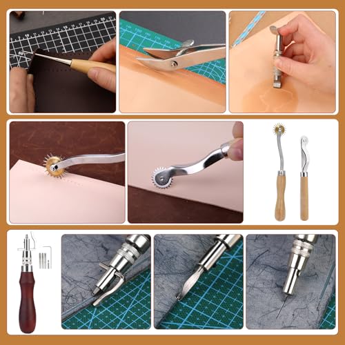 424 Pcs Leather Working Tools Leather Crafting Kit Leathers Tools and Supplies with Instructions, Sewing Kit, Wooden Storage Box, Stamping Set