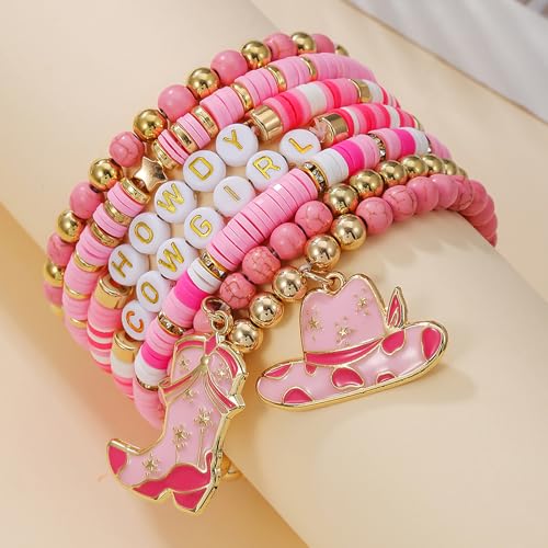 7 Pack Western Cowgirl Beaded Stretch Boho Bracelets for Women Stackable Pink Cowgirl Hat Boots Accessories Turquoise Cow Cactus Flower Charms Bracelets Western Jewelry Gifts2