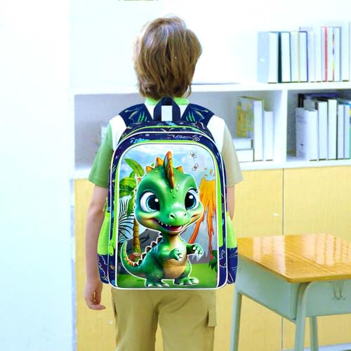 Image of 3Pcs Dinosaur Backpack for Boys, 16 inch Bookbag with Lunch Box, Kids School Backpacks Set for Elementary Preschool Kindergarten (Green)