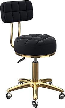 Round Rolling Stool Height Adjustable Swivel Chair, Dressing Counter Salon Stool with PU Leather Back and Seat, Titanium Gold 5 Claws and Globe WheelsColorBlack