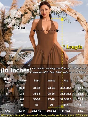 Image of ChiaoLezhee Deep V Neck Dress, Halter Maxi Dresses, Vacation Date Night, Sexy for Women Corset Flowy Wedding Guest Drop Waist