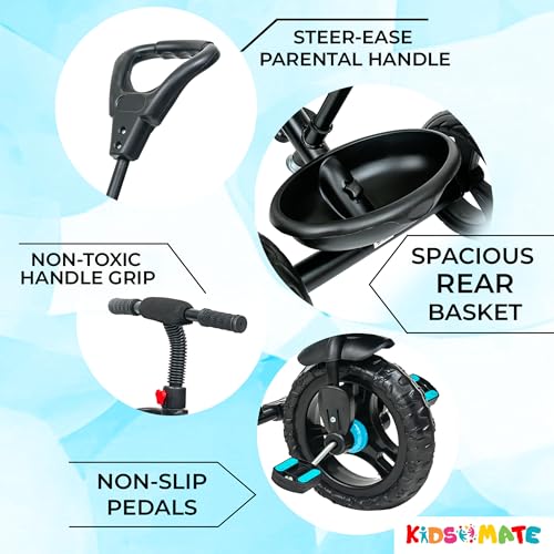 Kidsmate Deluxe 4-in-1 Tricycle for Kids with Adjustable Canopy | Durable Plug & Play Baby Trike with Safety Rail & Push Handle for Parents | Safe & Comfortable Ride for Toddlers 12-48 Months - Blue - Image 7