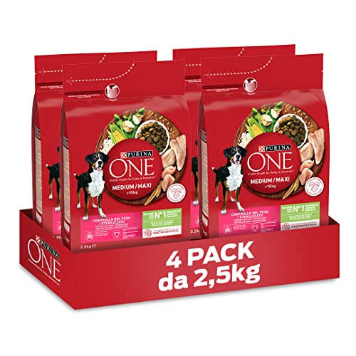 PURINA ONE Medium Maxi Controllo del peso Crocchette per Cani Adulti Sterilizzati con Tacchino 4 Sacchi da 2.5kg