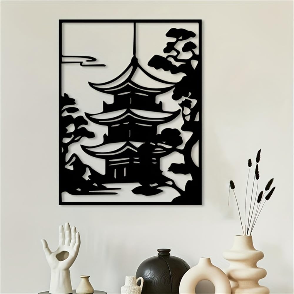 Generico Decoración de pared abstracta contemporánea de Metal, Arte de Pagoda japonesa, escultura de Torre de templo Zen asiático para Sala de estar, oficina o jardín (50 cm/20 pulgadas)