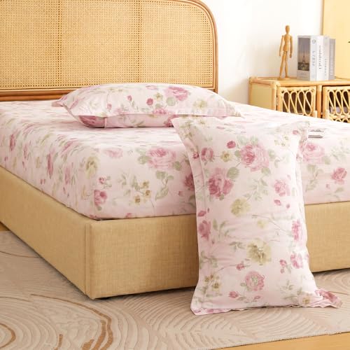 Image of Story@Home Air Cotton 240 TC King Size Fitted Sheet Double Bedsheet (72 x 78) All Around Elastic 2 Pillow Cover 17 x 27 Fits Upto 10 inch Mattress (270 x 250 cm, Pink & Green)