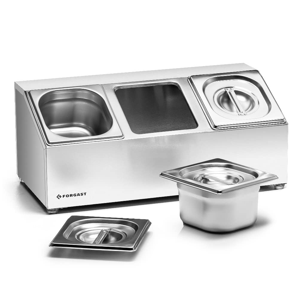Recipiente para alimentos de acero inoxidable | Estándar 3xGN 1/6 | 3 Contenedores incluidos | para gastronomía y catering | Alta calidad | Pies antideslizantes | Dimensiones 52x27x21,5 cm