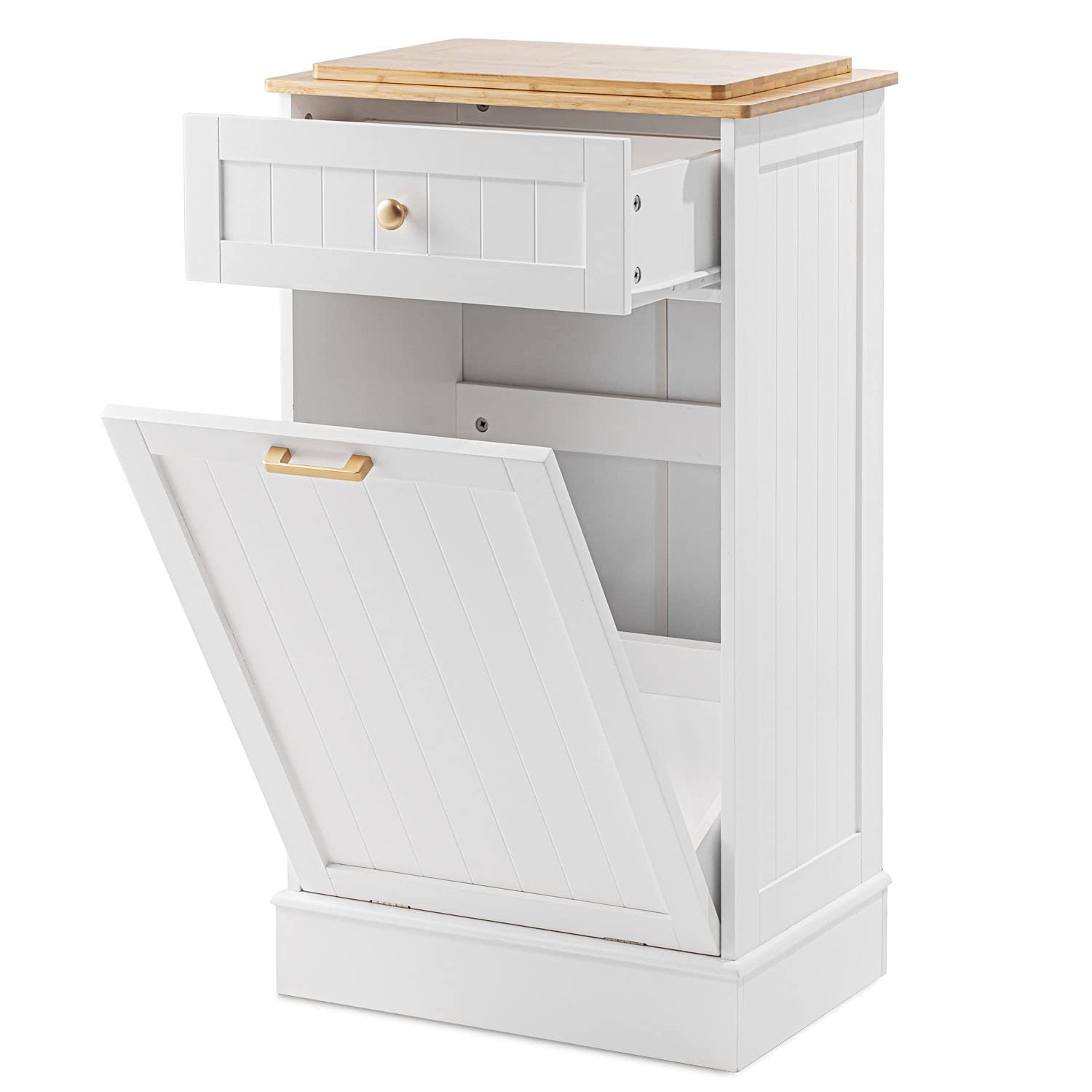 Wooden Tilt Out Trash Cabinet with 10 Gallon Capacity, White, Self-Assembly