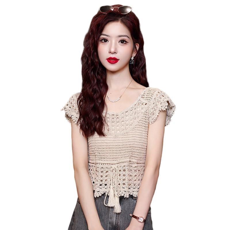 icw Women's Knitted Short Sleeve Transparent Sheer Crochet Hollow Out Crop Top T-Shirt Bohemian Blouses,Holiday Outfit 455-picture-29