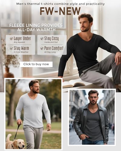 3 Pack Men's Thermal Shirts Big and Tall Long Sleeve V Neck Fleece Lined Base Layer Raglan Curved Hem Basic Tops3