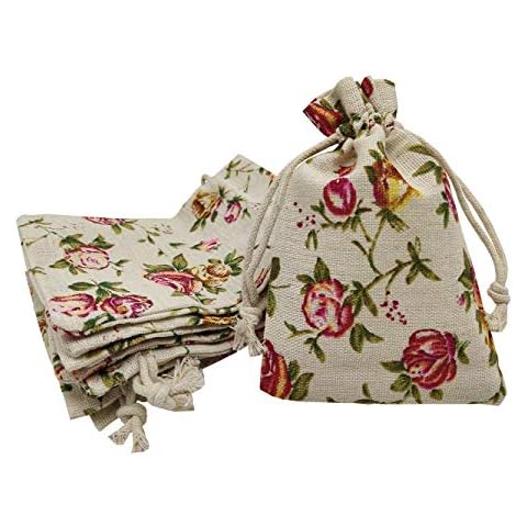 Sanrich 20 Pack Floral Burlap Drawstring Bags 4 X 5.5 Inch Linen Favor Bags Jewelry Pouches Sacks for Party Wedding Festival Shower Birthday DIY Craft (Rose) Cover