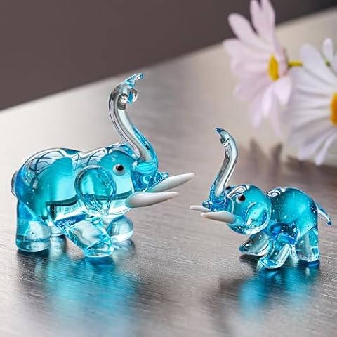 KRISININE Set 2 Crystal Elephant Figurines Mother Son Glass Elephants with Trunk Up Crystal Animal Collectible Figurines Ornaments for Women Mum Tabletop Decoration for Home Office Cover