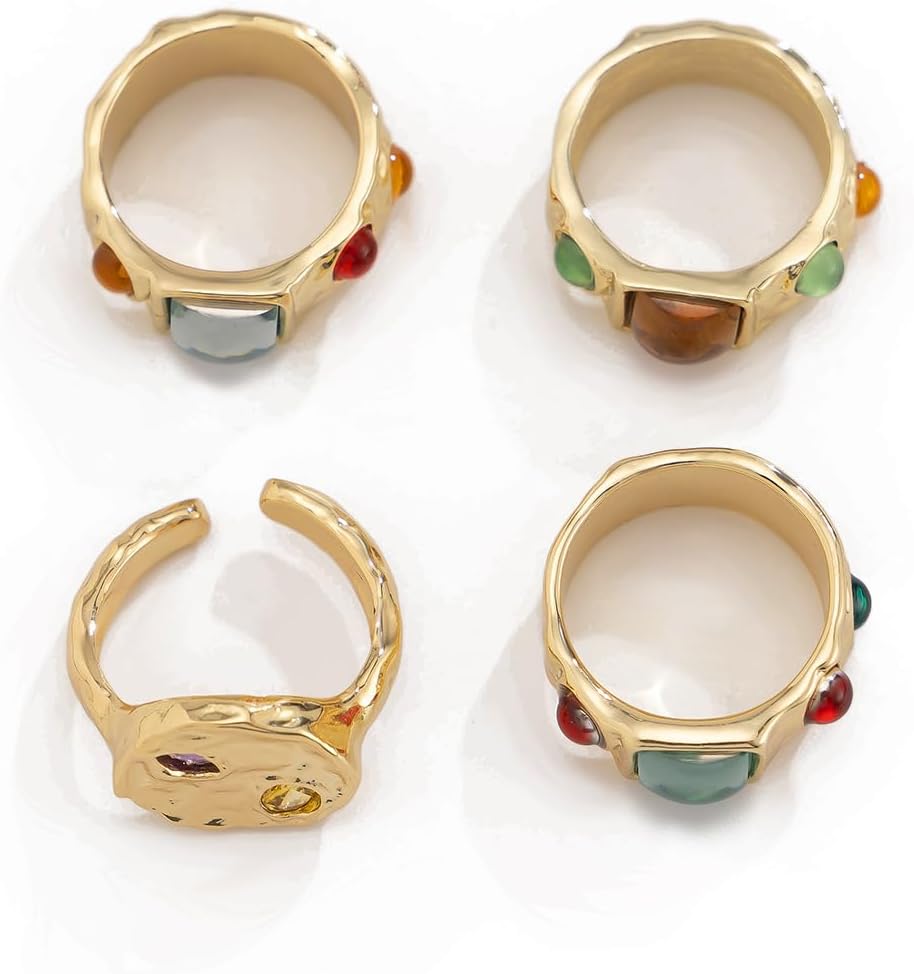 4 PCS Gold Ring Set Women's Stacking Crystal Rhinestone Statement Thick Set Geometric Wrap stone Rings ，Halloween Chunky Knuckle Fashion Jewelry Accessories Thanksgiving Christmas(Gold)